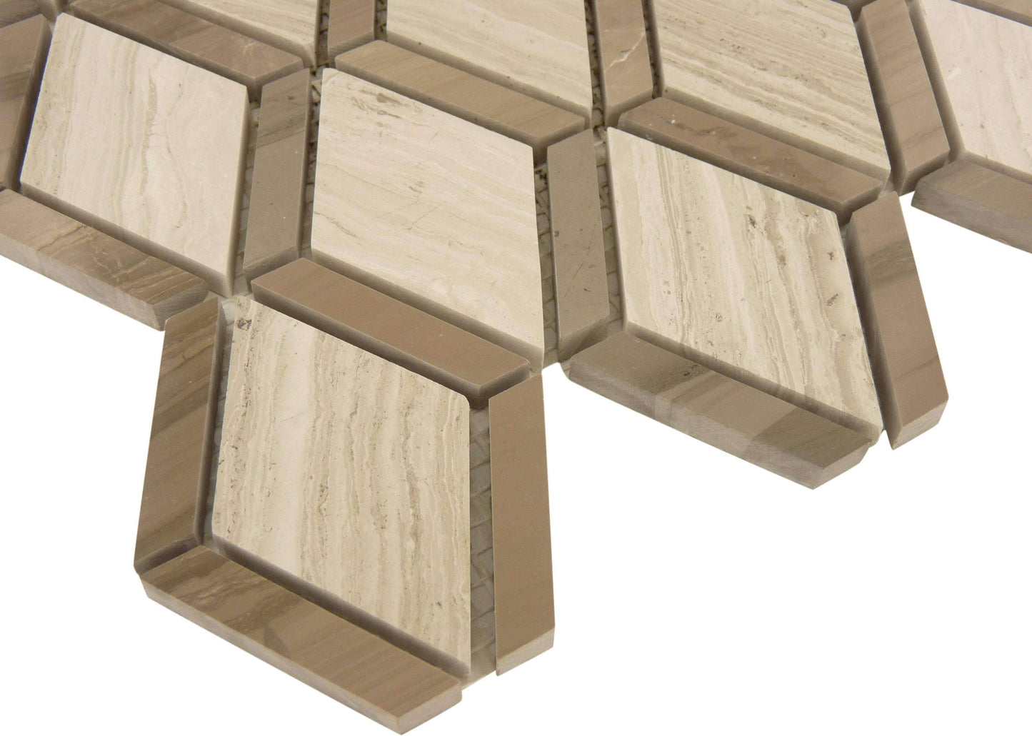 Space Grid Wooden Beige and Grey Polished Stone Tile Tuscan Glass