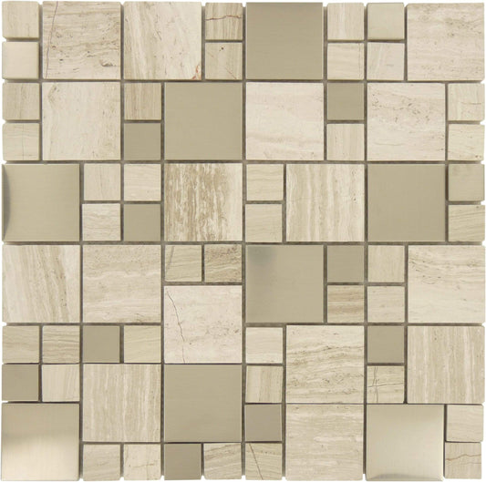 Wooden Grey Unique Shapes Polished Metal and Stone Tile Tuscan Glass