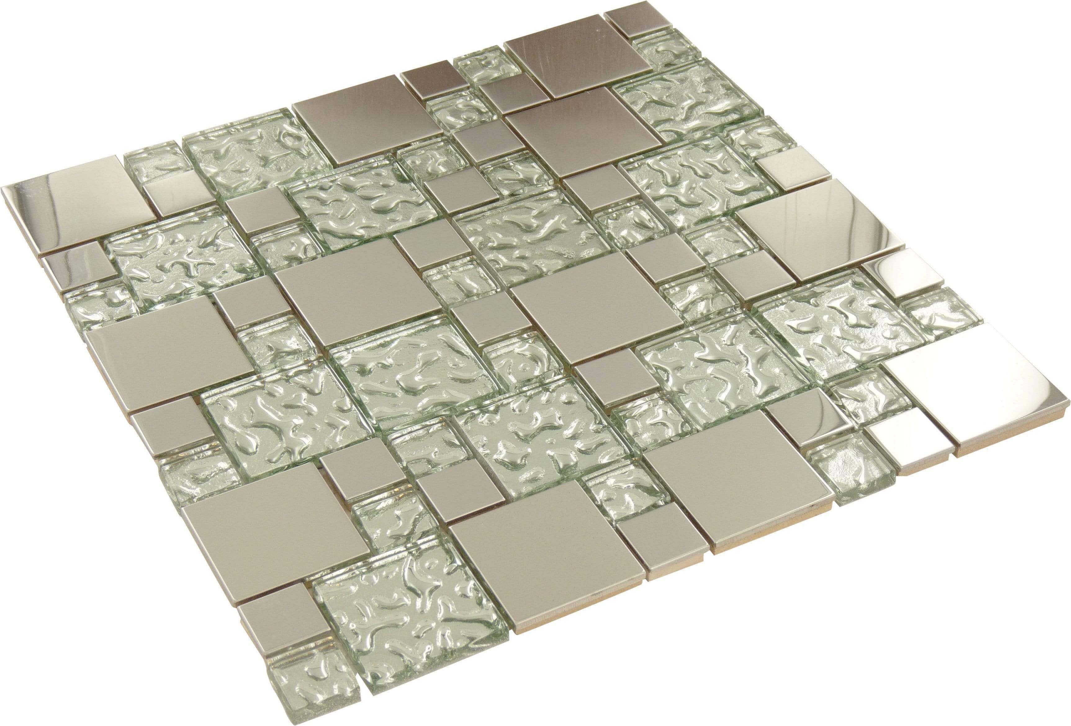 Silver Stainless Steel Unique Shapes Glass and Metal Glossy Tile Tuscan Glass