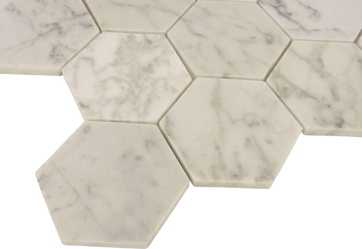 Glacier White Carrara Hexagon Polished Stone Tile Tuscan Glass