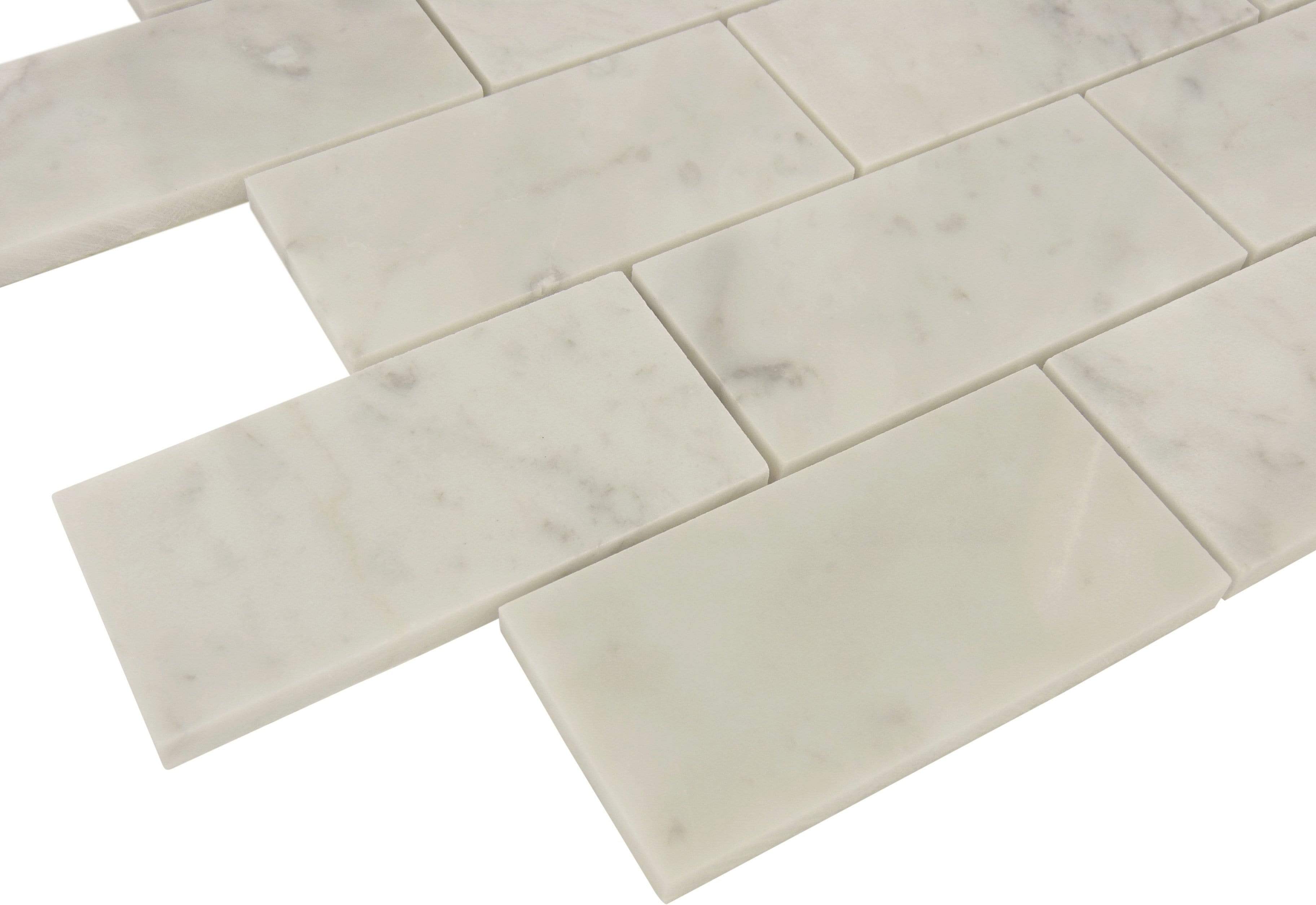 White Carrara 2" x 4" Brick Polished Stone Tile Tuscan Glass