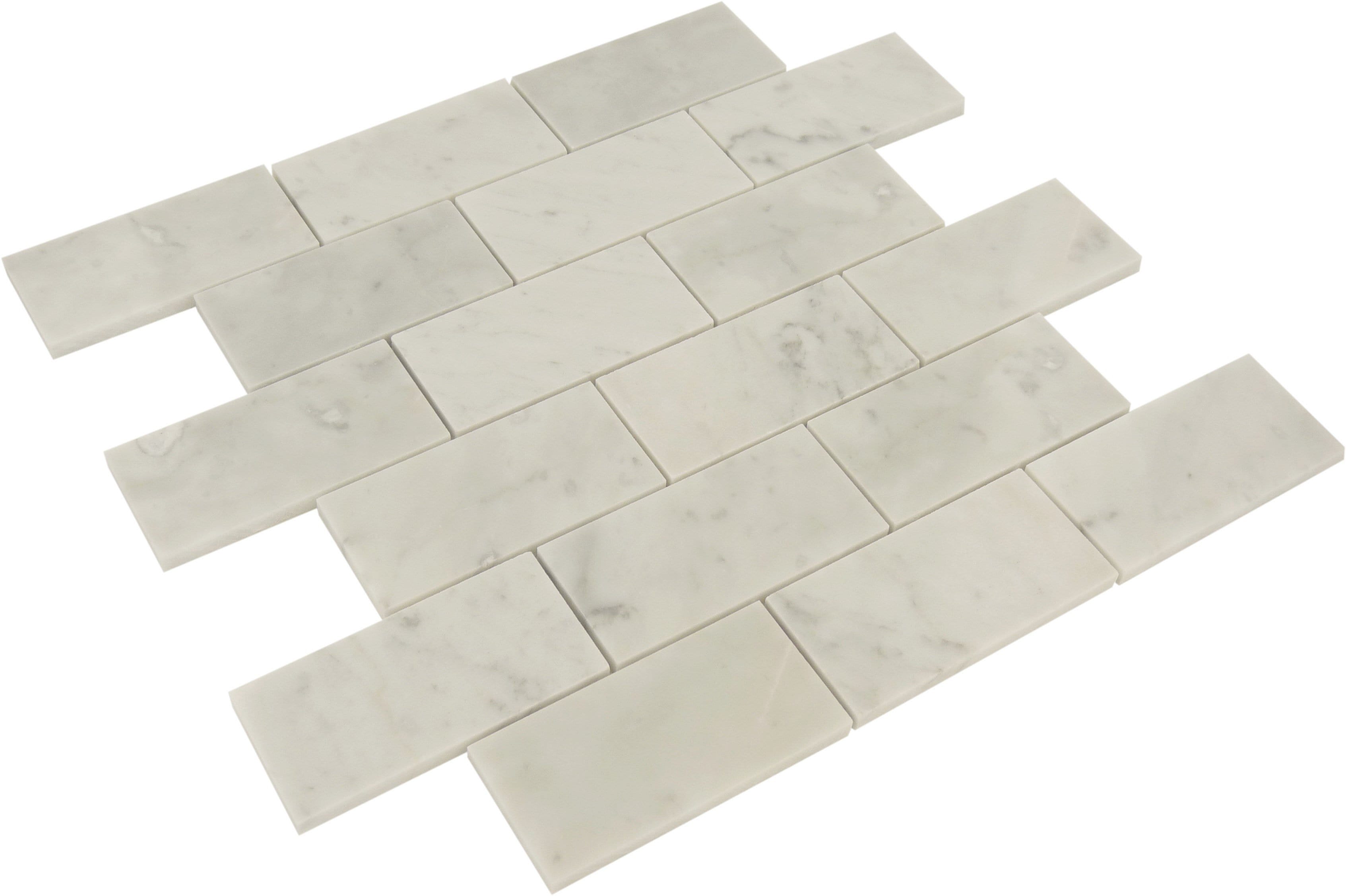 White Carrara 2" x 4" Brick Polished Stone Tile Tuscan Glass