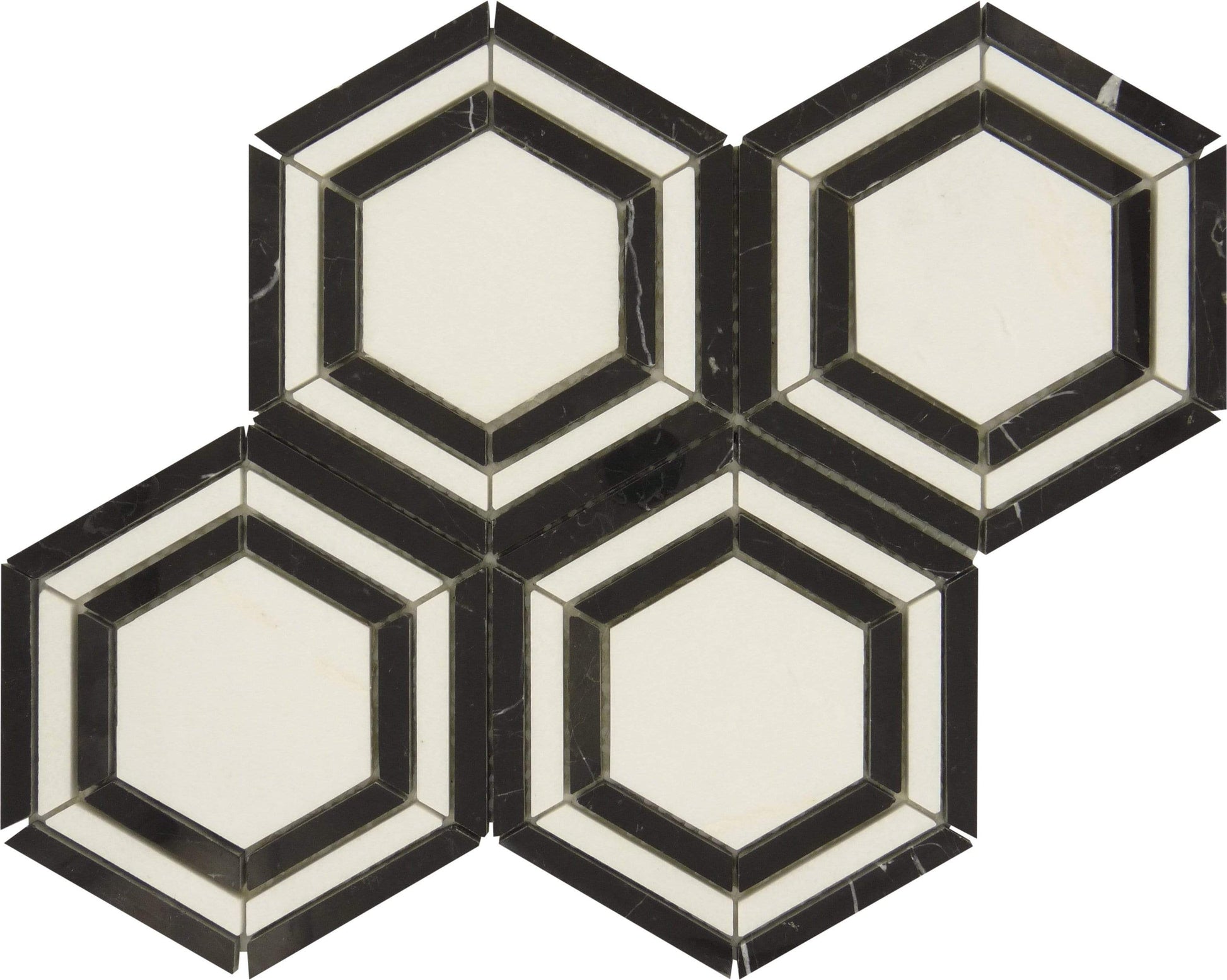 Yinyang Hexagon Black Marquina and Cream White Polished Stone Tile Tuscan Glass