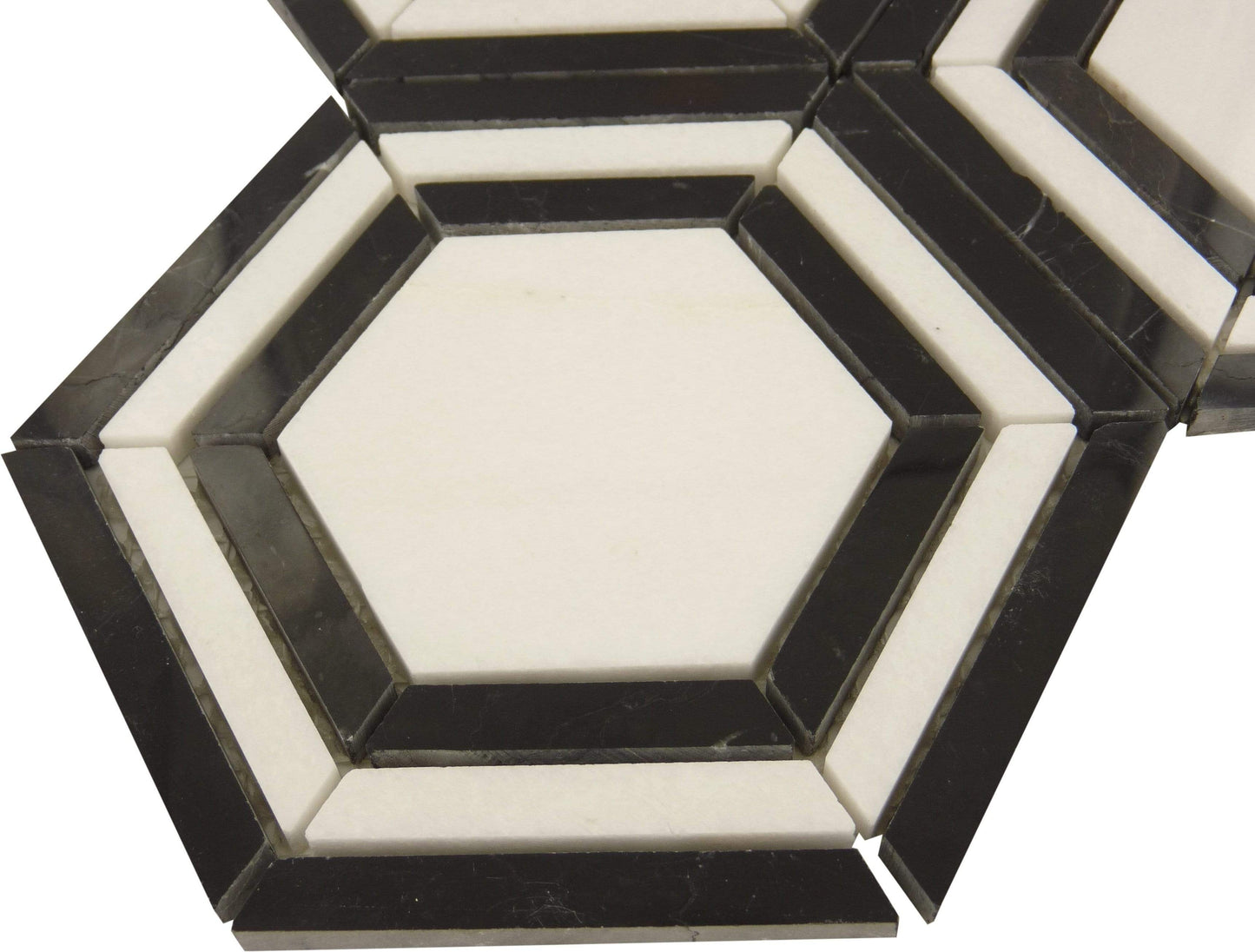 Yinyang Hexagon Black Marquina and Cream White Polished Stone Tile Tuscan Glass