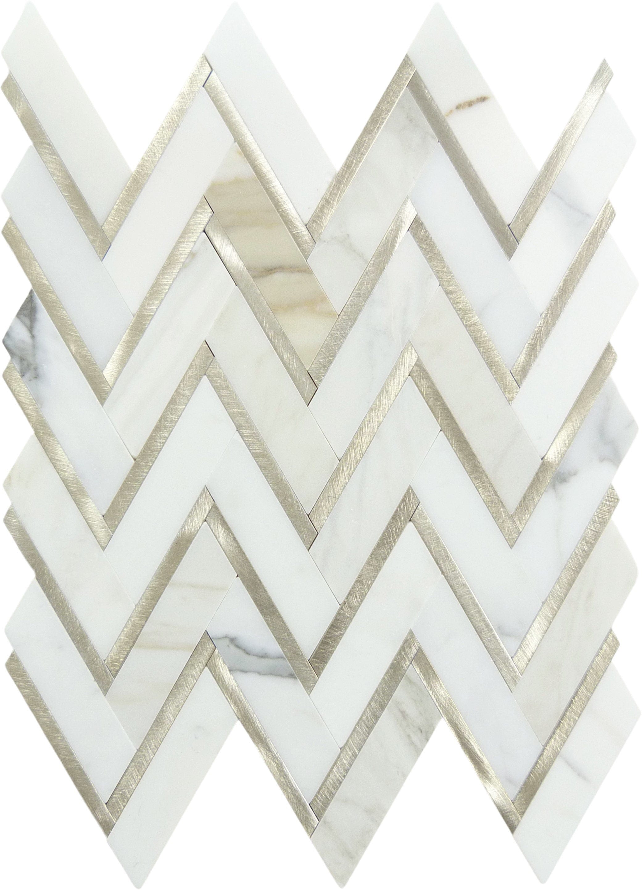 Zig Zag Calacatta White and Gold Metal Tile Tuscan Glass