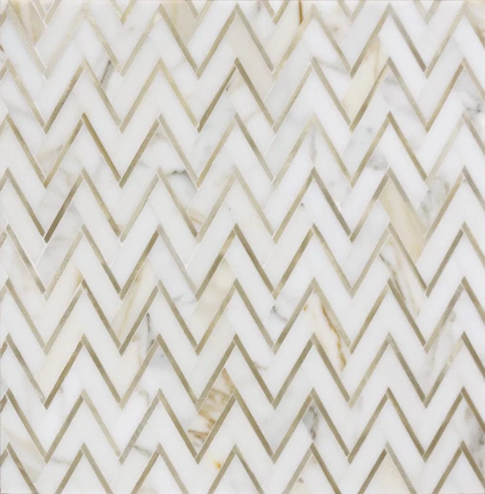 Zig Zag Calacatta White and Gold Metal Tile Tuscan Glass