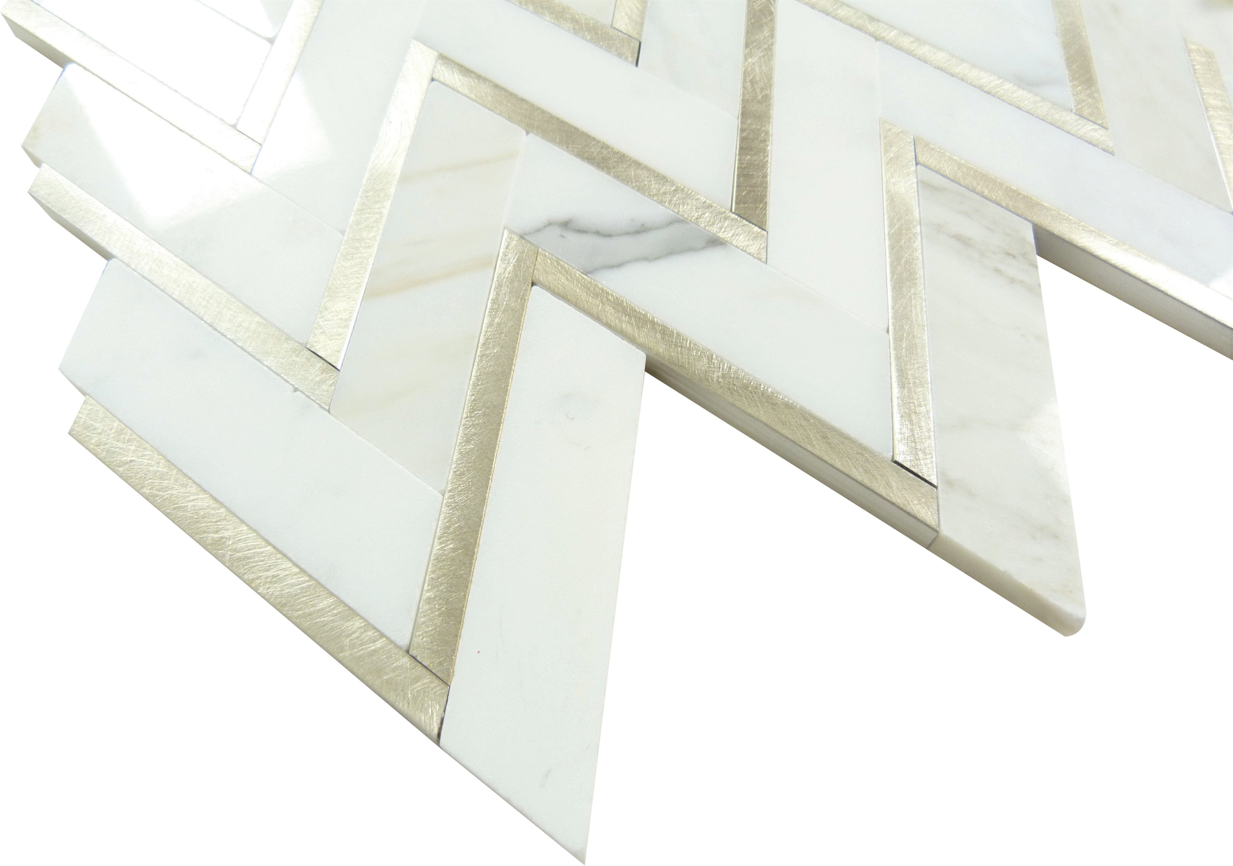 Zig Zag Calacatta White and Gold Metal Tile Tuscan Glass