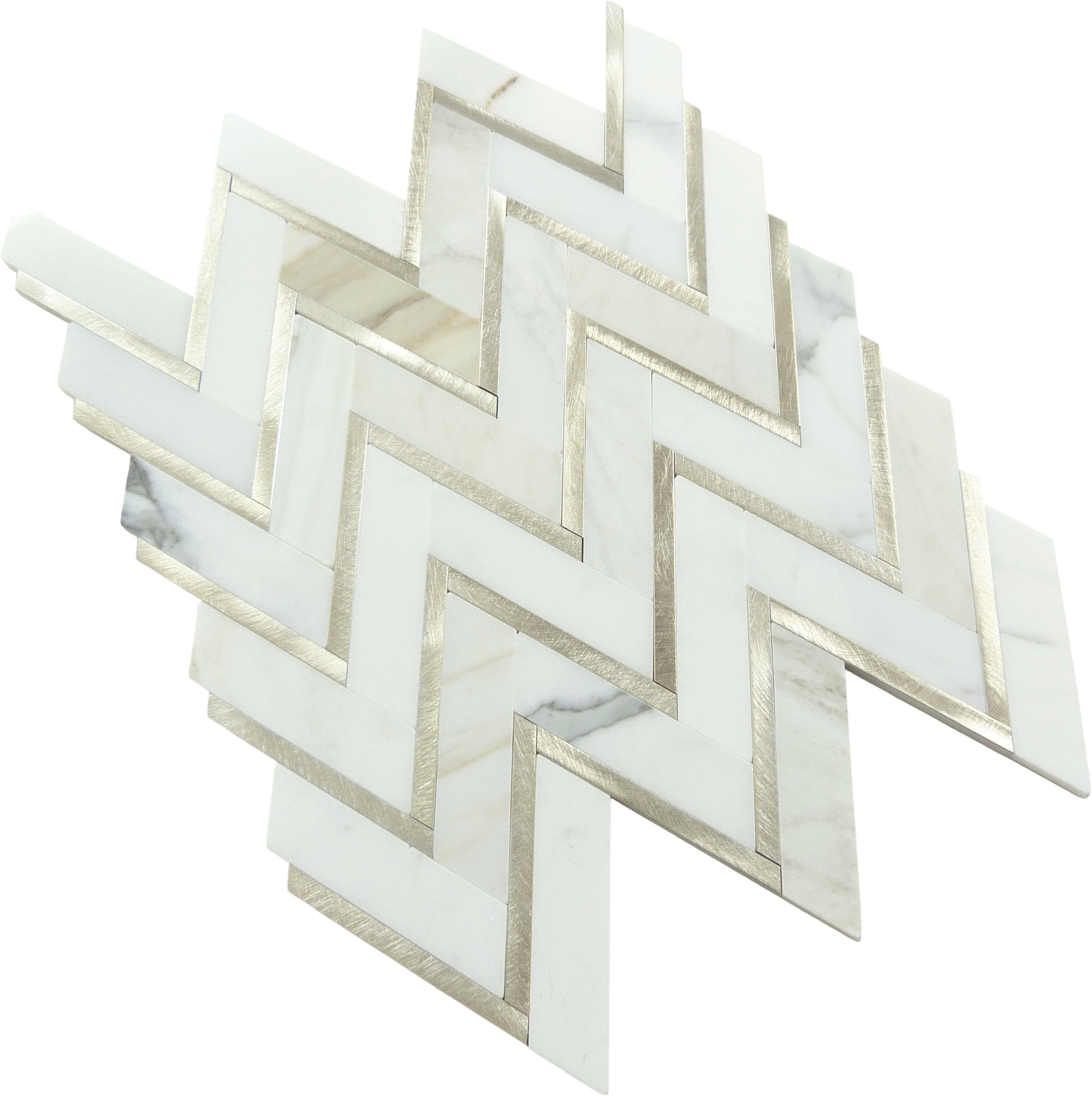 Zig Zag Calacatta White and Gold Metal Tile Tuscan Glass