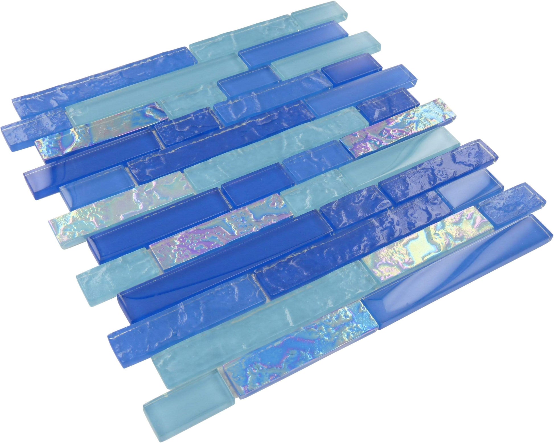 Nassau Random Blue Brick Glossy and Iridescent Glass Pool Tile Universal Glass Designs