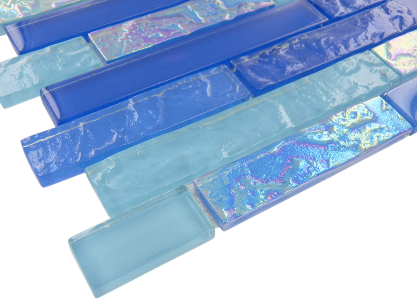 Nassau Random Blue Brick Glossy and Iridescent Glass Pool Tile Universal Glass Designs