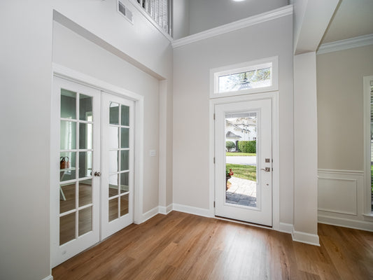 Beautiful Home Entryway with Brown Wood-Look Tiles