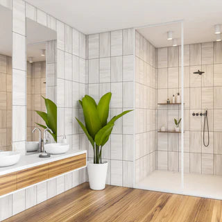 Beautiful Shower with White Vertical Tiles