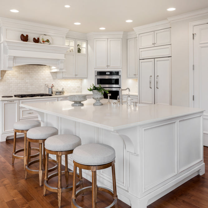 Kitchen with trendy all-white backsplash tile