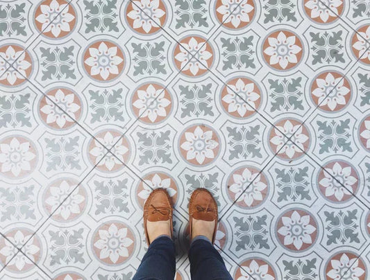 Top View of Person's Shoes on a Mosaic Tile Floor