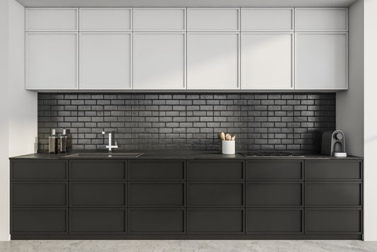 Modern kitchen with unique black backsplash brick tile