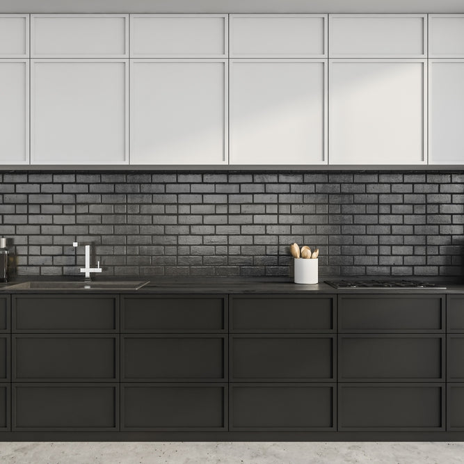 Modern kitchen with unique black backsplash brick tile