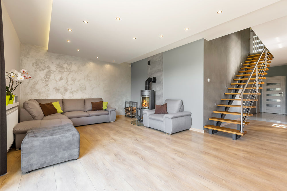 Modern living room with wood look tile flooring
