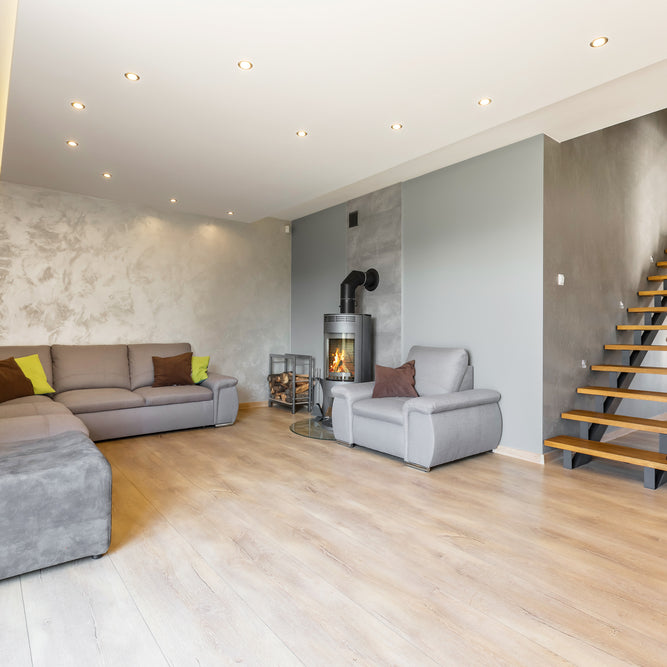 Modern living room with wood look tile flooring