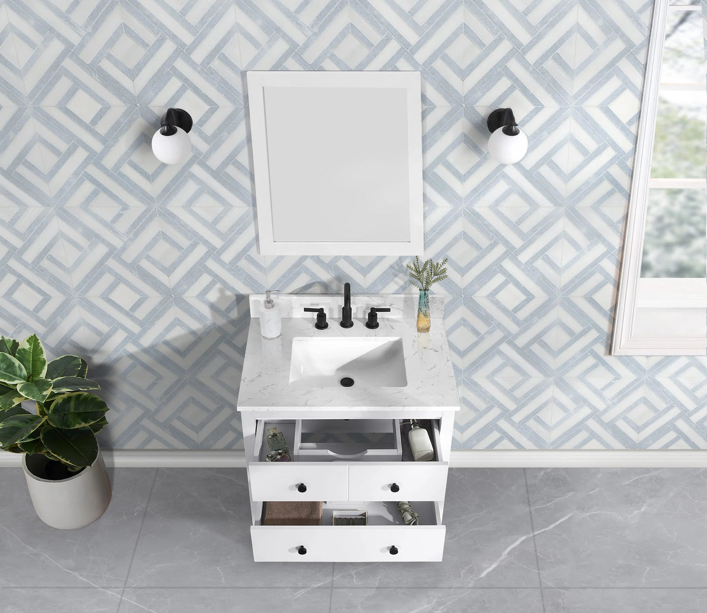 Oasis Tile Civora 30" Single Vanity With Carrara Engineered Stone Top