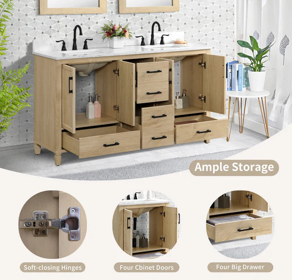 OasisTile Vantique 60" Double Vanity With Carrara white Engineered Stone Top Horizon Tile