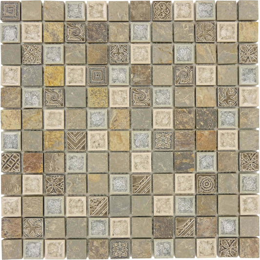 Methodical Grey 1x1 Glass and Tumbled Stone Tile Euro Glass