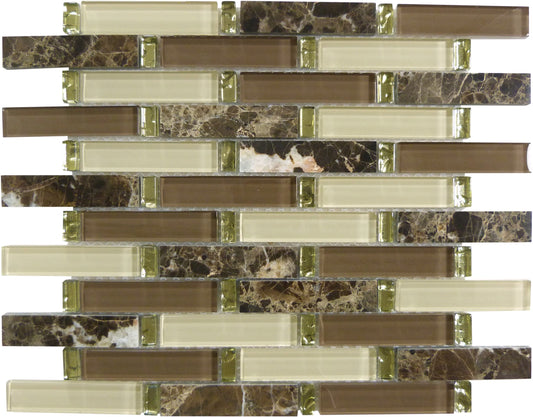 Crunched Walnut Brown 1x4 Glass and Stone Glossy Tile Euro Glass