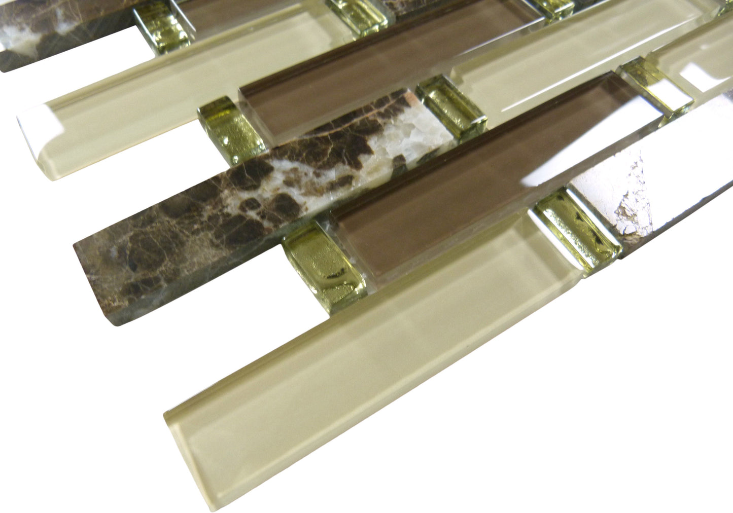 Crunched Walnut Brown 1x4 Glass and Stone Glossy Tile Euro Glass