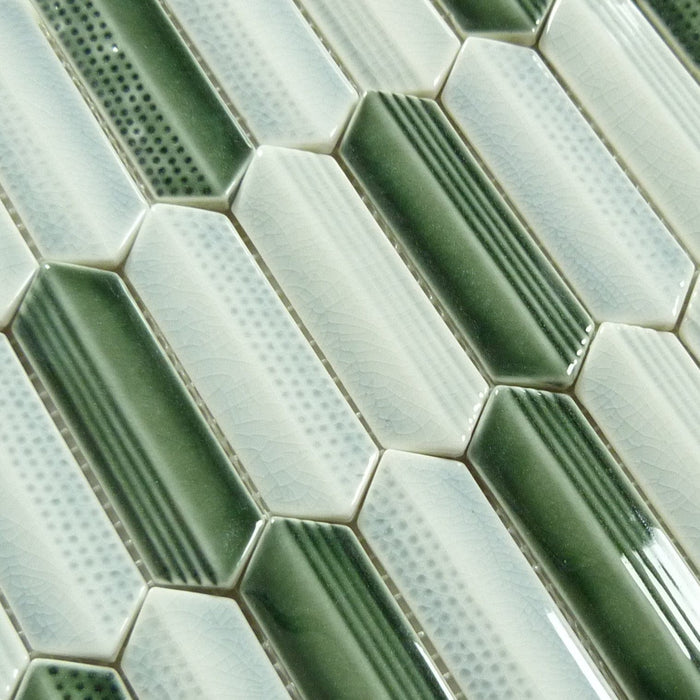 Dalmatian Green 1x4 Hexagon Glossy Glass Tile Euro Glass