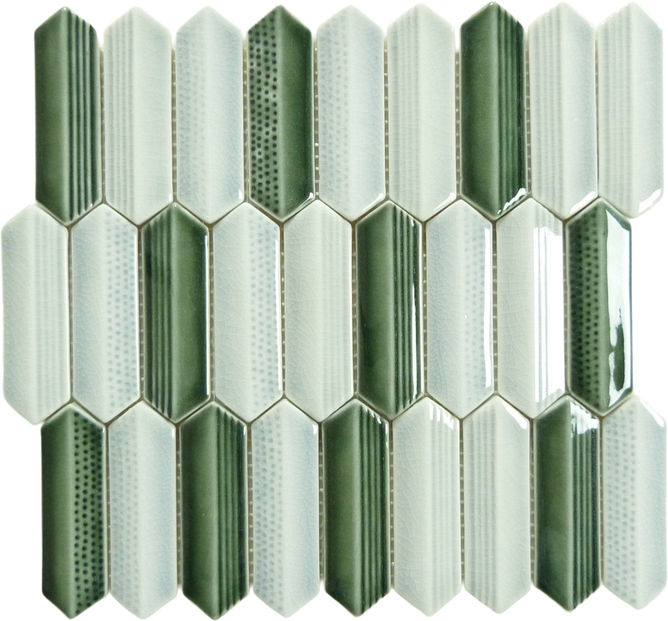 Dalmatian Green 1x4 Hexagon Glossy Glass Tile Euro Glass