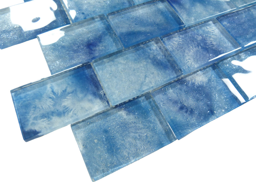 Frothy Swirls Ink Drops Blue 2x3 Glossy Glass Tile Euro Glass