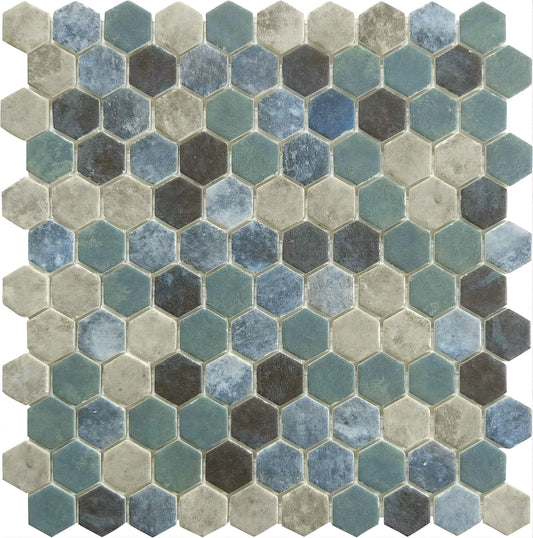 Karma Ridge Lotus Pond Blue Hexagon Matte Glass Tile Euro Glass