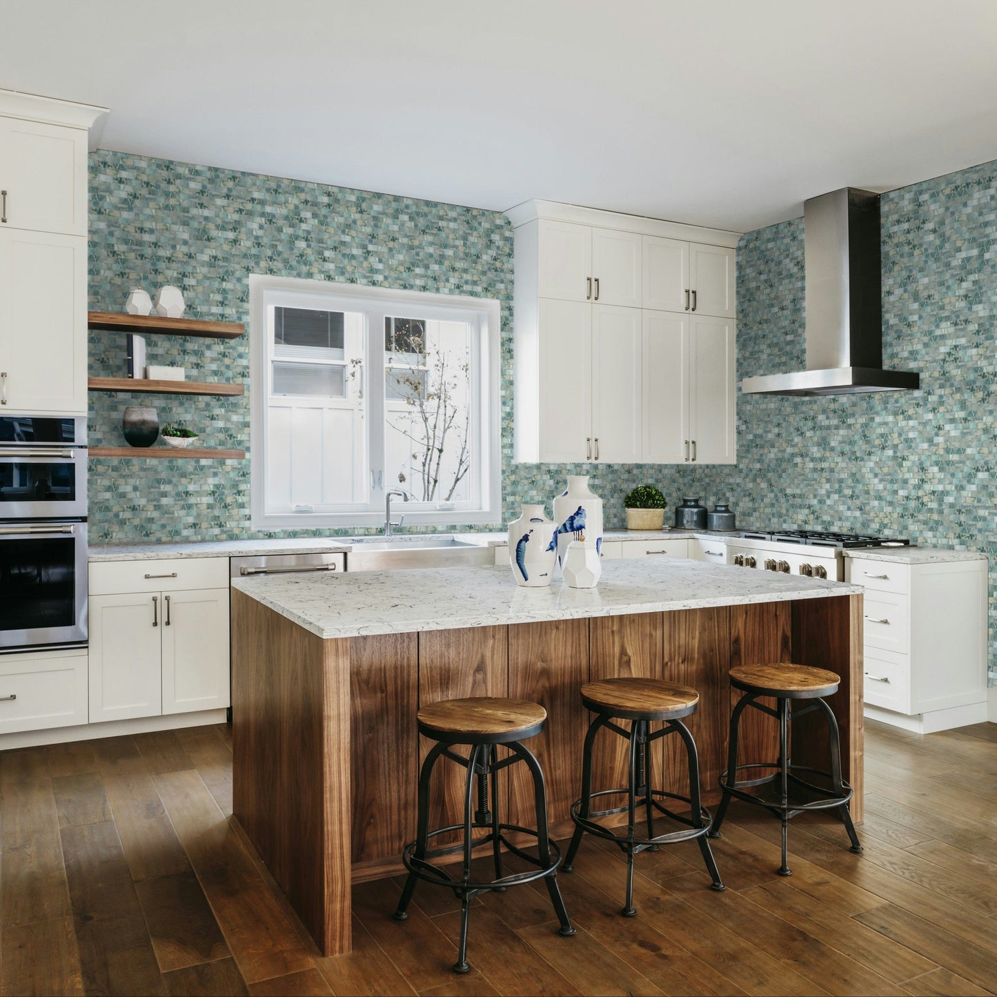 Mykonos Harbor Beach Day Aqua 1x2 Iridescent Rippled Frosted Glass Tile Euro Glass