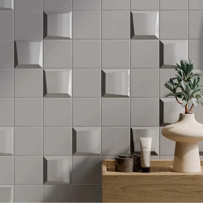 Noelle Maevory Angled 3D Grey 4x4 Matte Ceramic Tile Euro Glass