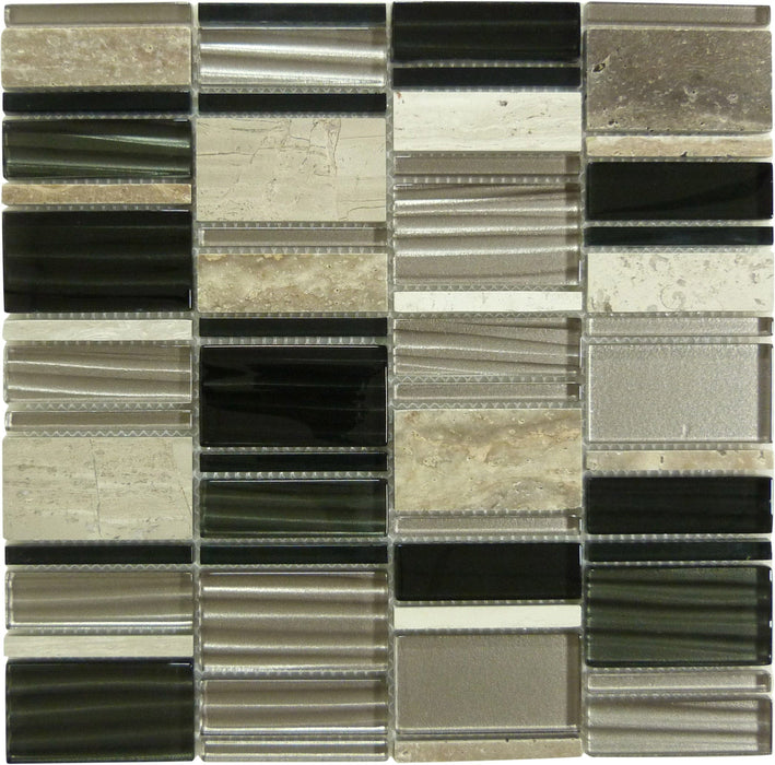 Ebony Cliff Black Unique Shapes Glass and Stone Glossy Tile Euro Glass