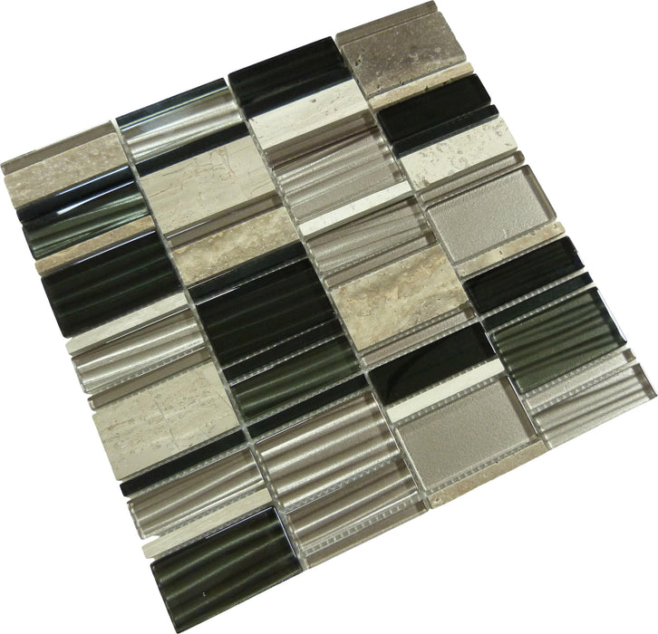 Ebony Cliff Black Unique Shapes Glass and Stone Glossy Tile Euro Glass