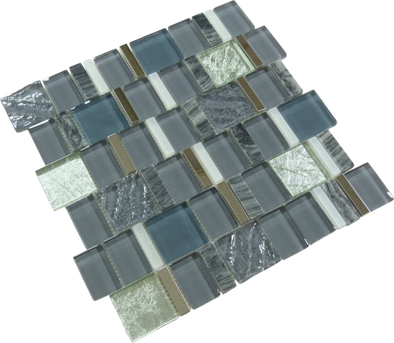 Oceanic Cerulean AS73 Grey Unique Shapes Glass and Stone Glossy Tile Euro Glass