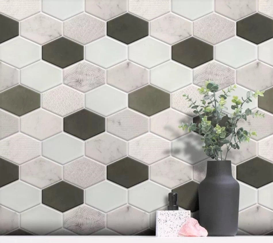 Anthracite Geo Hexagon Glass and Stone Tile Horizon Tile