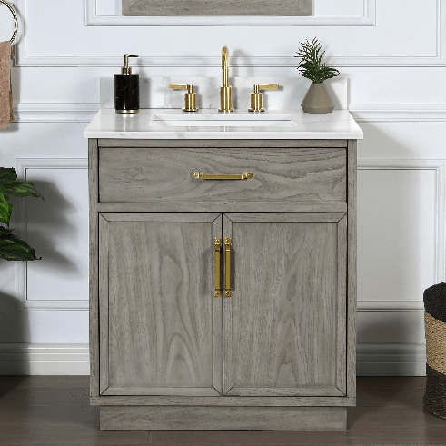 Denton 30" Vanity Combo Nature Elm with Calacatta Quartz Top Horizon Tile