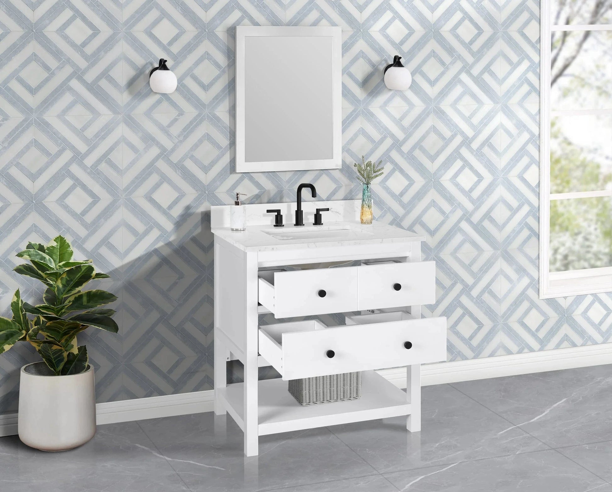 Encino 30" Single Vanity With Carrara Engineered Stone Top Horizon Tile