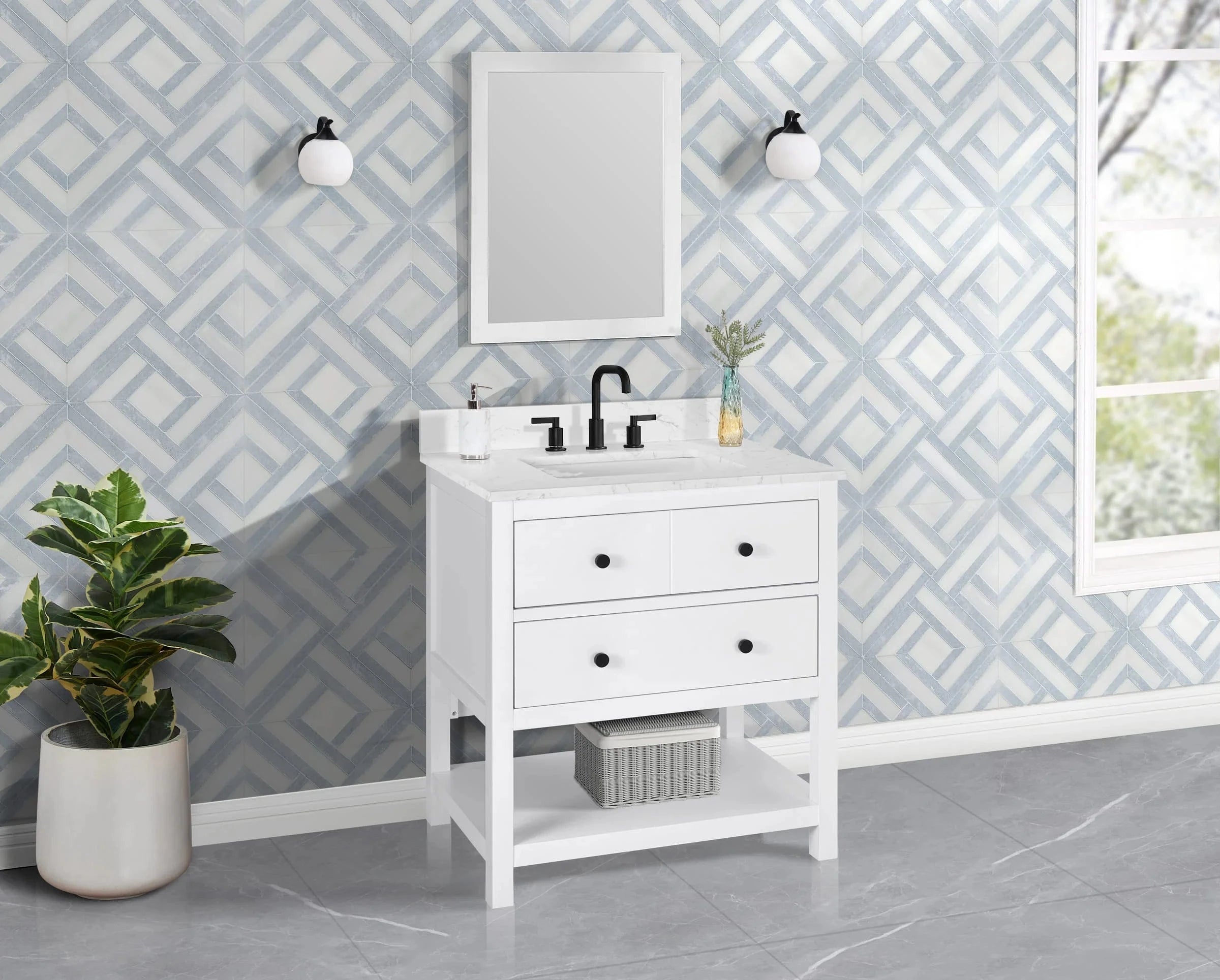 Encino 30" Single Vanity With Carrara Engineered Stone Top Horizon Tile