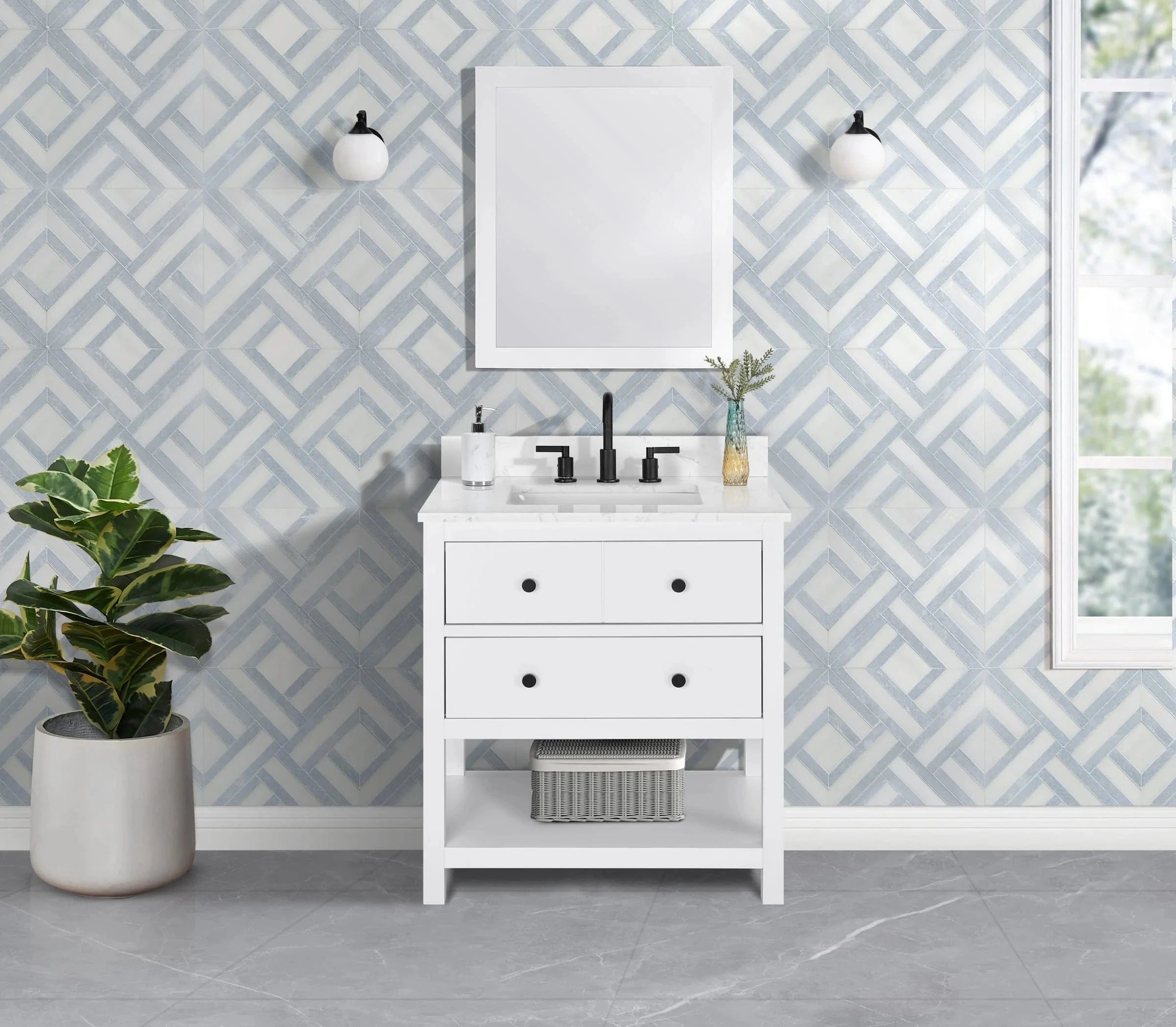 Encino 30" Single Vanity With Carrara Engineered Stone Top Horizon Tile