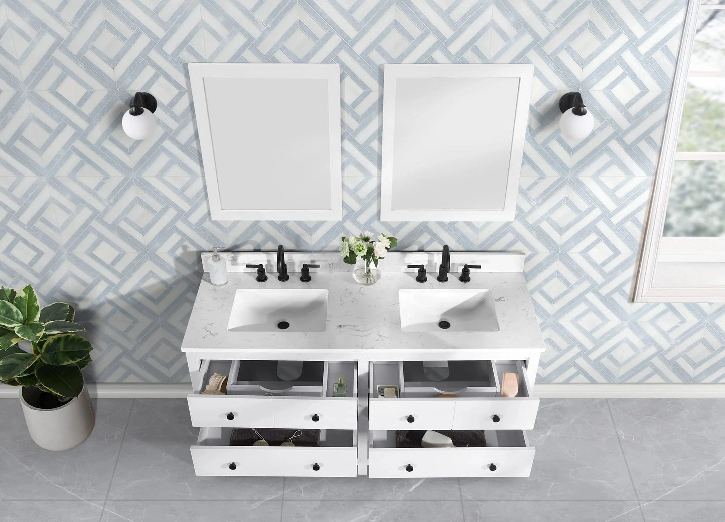 Encino 60" Single Vanity With Carrara Engineered Stone Top Horizon Tile