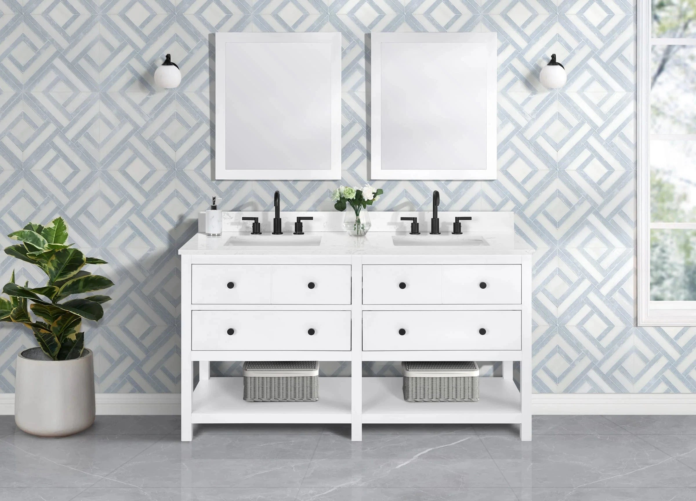 Encino 60" Single Vanity With Carrara Engineered Stone Top Horizon Tile