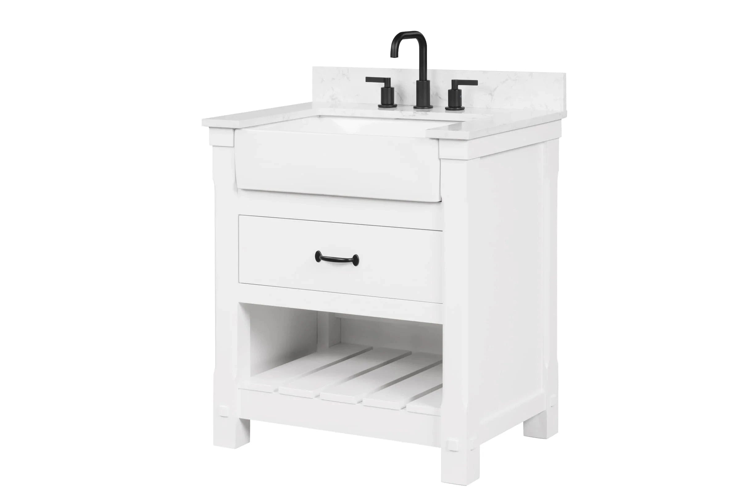 Farmington 30" White Open Shelf Vanity Set with Carrara Marble Top Horizon Tile