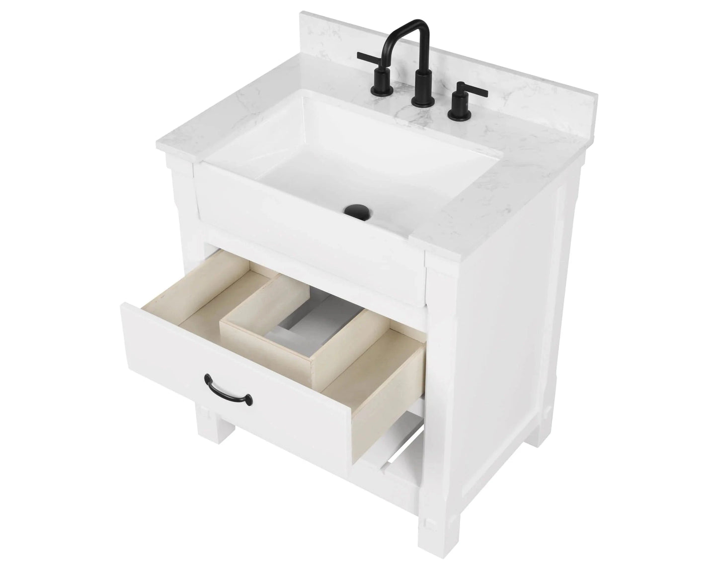 Farmington 30" White Open Shelf Vanity Set with Carrara Marble Top Horizon Tile