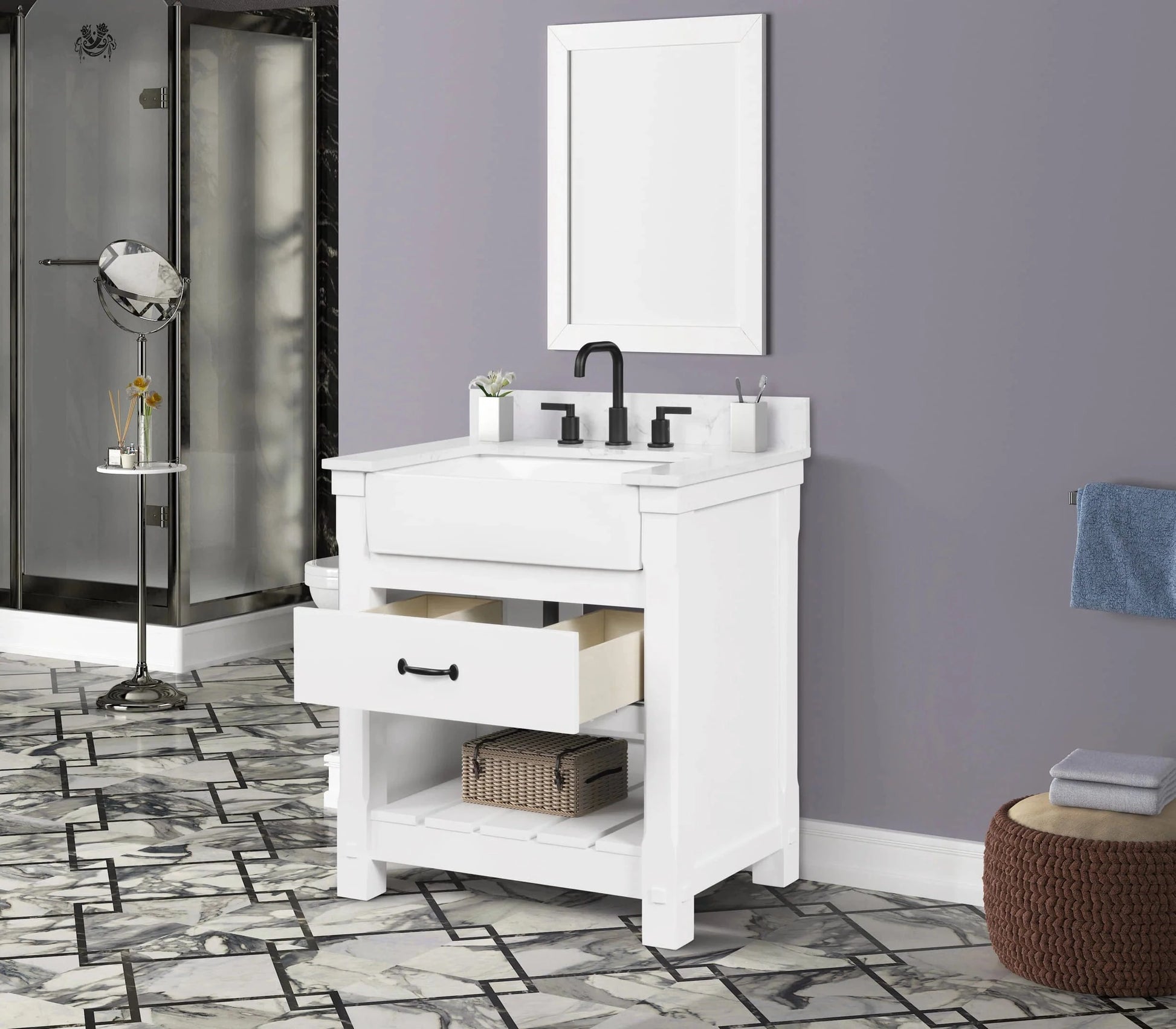 Farmington 30" White Open Shelf Vanity Set with Carrara Marble Top Horizon Tile