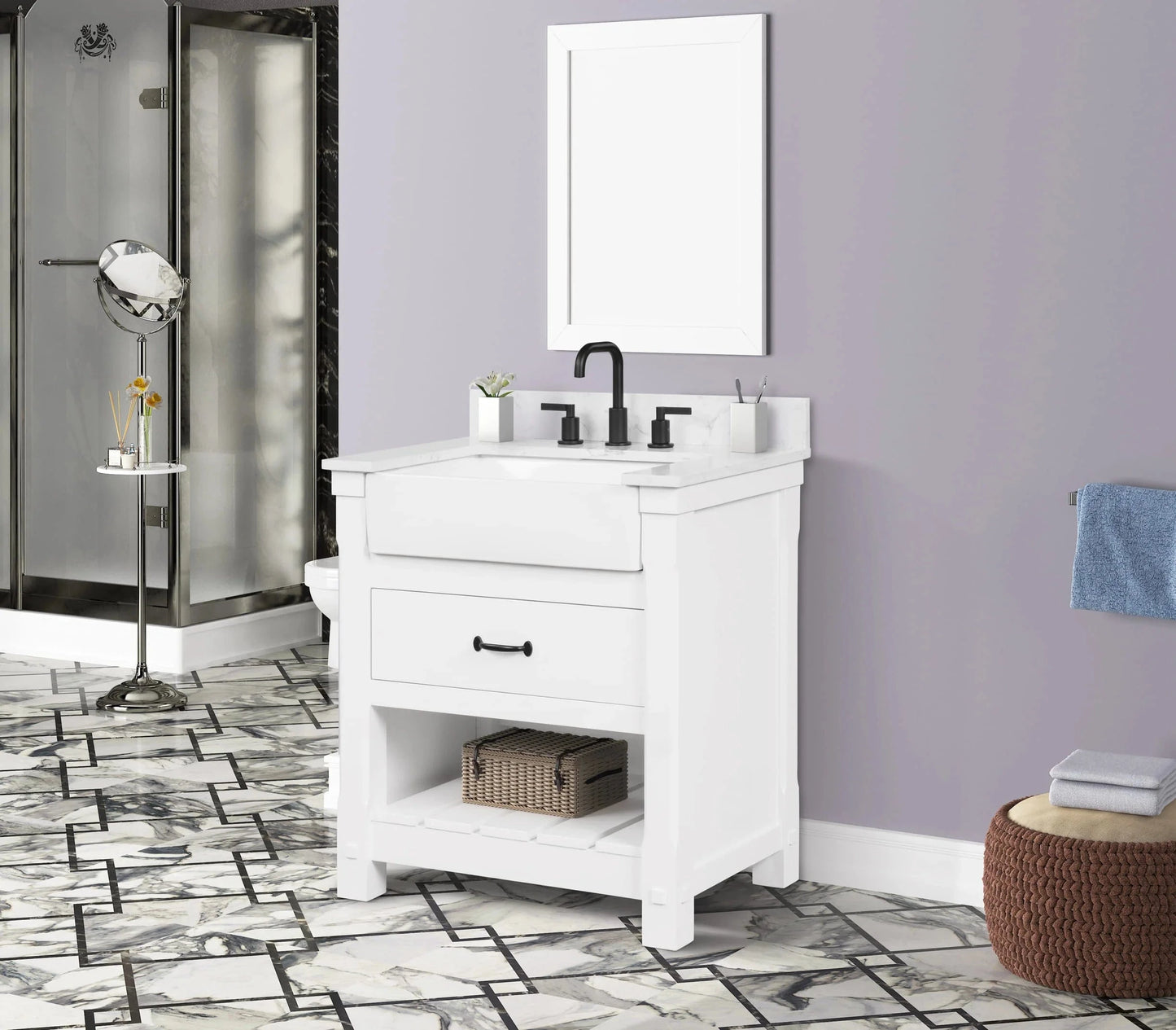 Farmington 30" White Open Shelf Vanity Set with Carrara Marble Top Horizon Tile