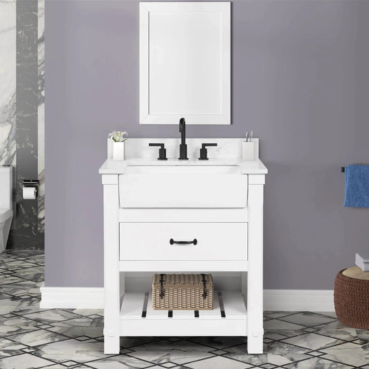 Farmington 30" White Open Shelf Vanity Set with Carrara Marble Top Horizon Tile