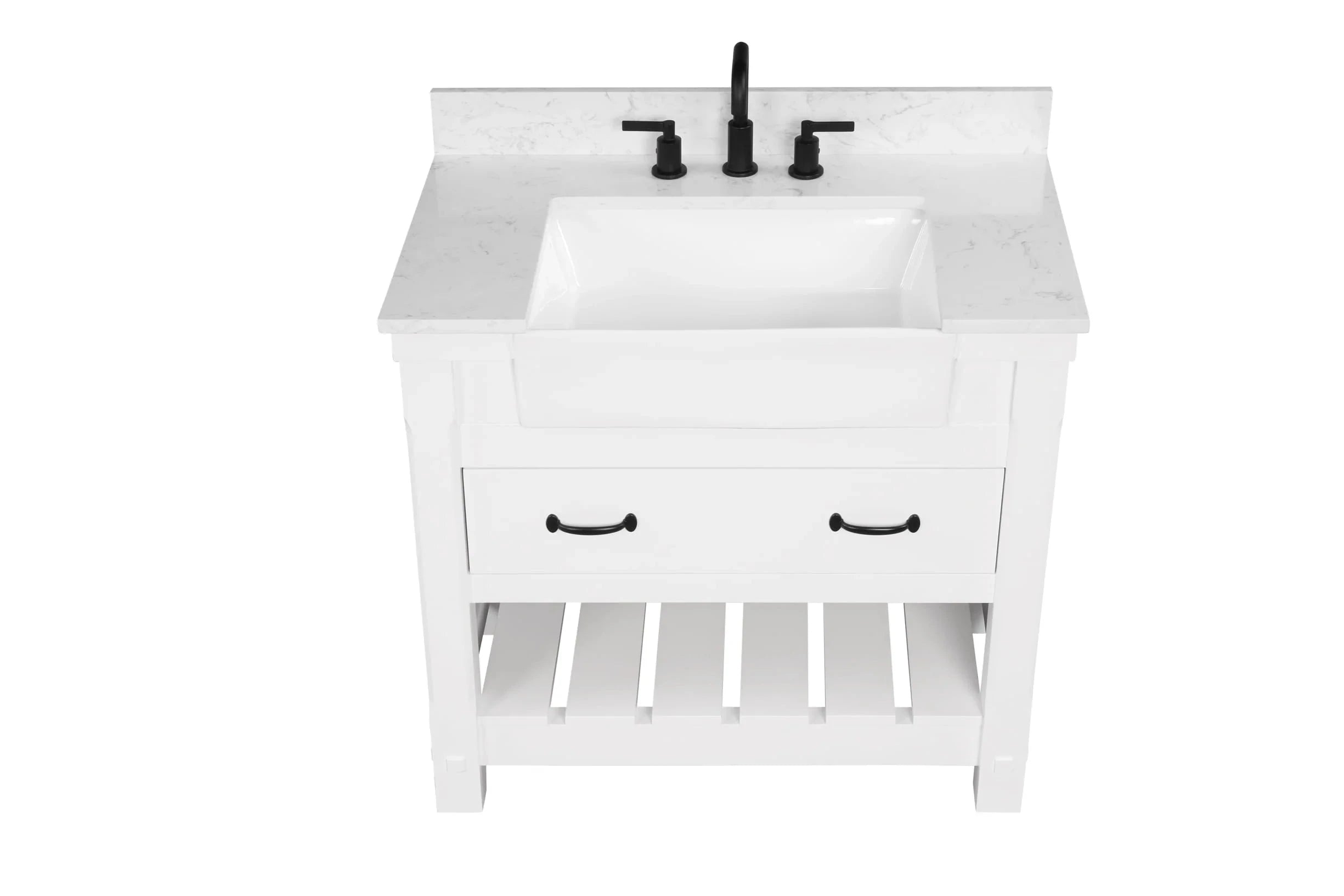 Farmington 36" White Open Shelf Vanity Set with Carrara Marble Top Horizon Tile