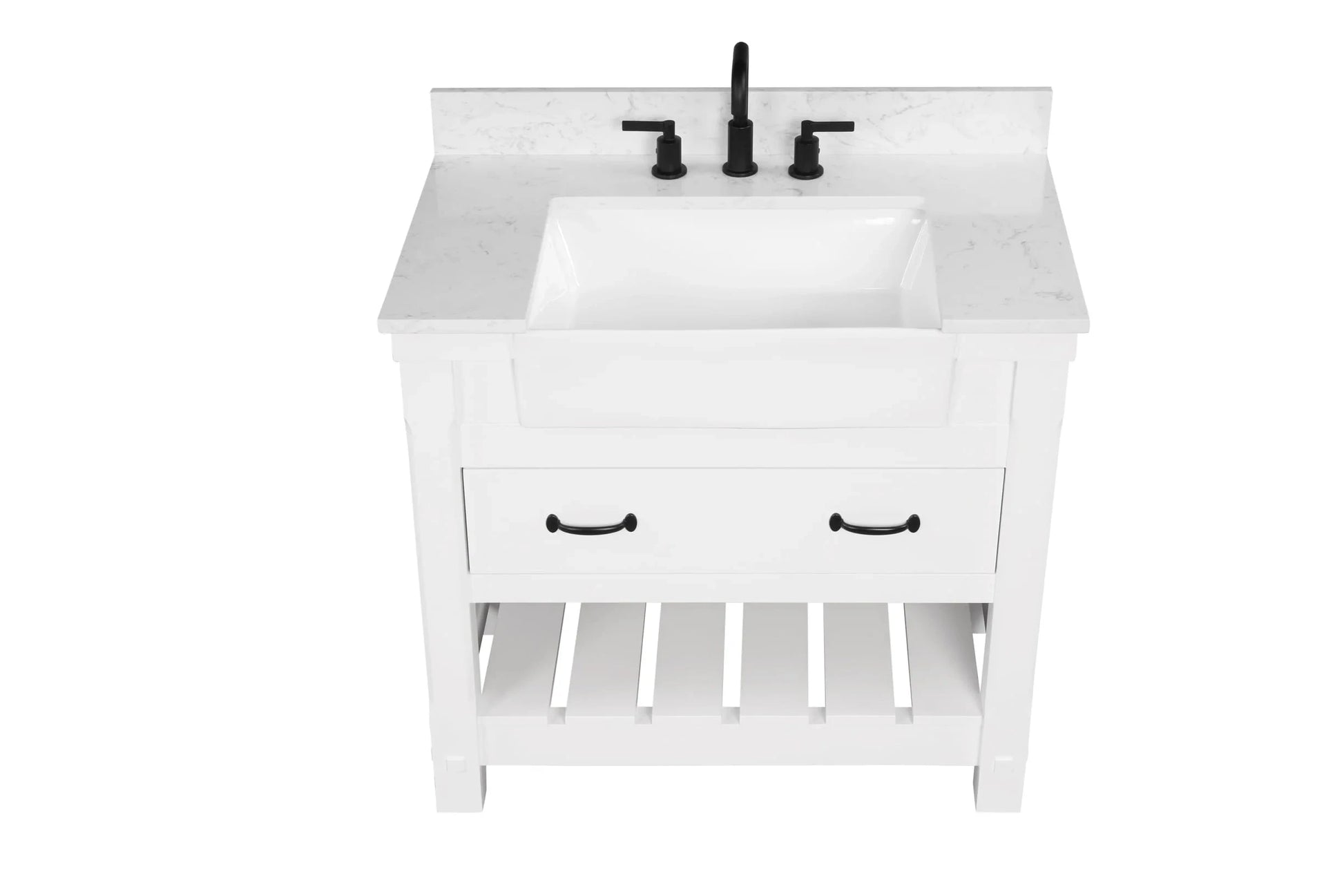 Farmington 36" White Open Shelf Vanity Set with Carrara Marble Top Horizon Tile